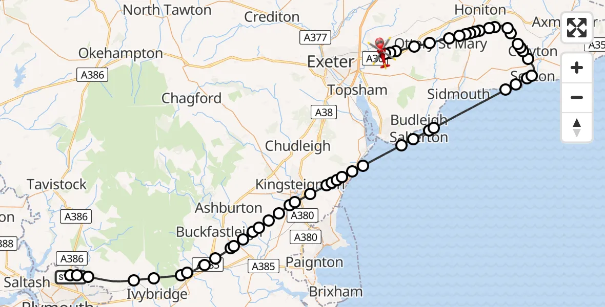 Flight route map: Air Ambulance Helicopter to Exeter International Airport, Exeter International Airport