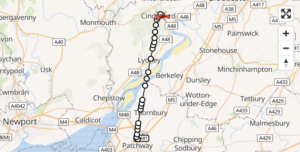 Flight route map: Air Ambulance Helicopter to Littledean, Edge Hills Road