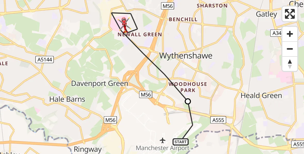 Routekaart van de vlucht: Air Ambulance Helicopter to Wythenshawe, Floats Road