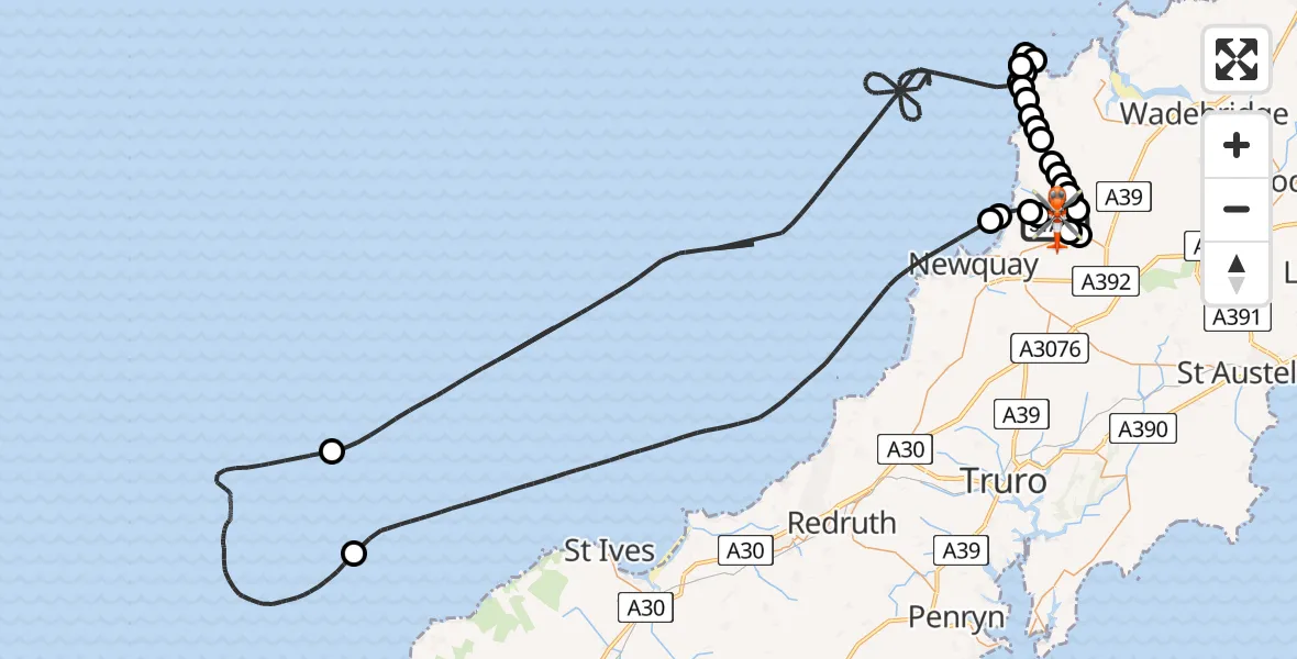 Flight route map: Coastguard Helicopter to Cornwall Airport Newquay, Cornwall Airport Newquay