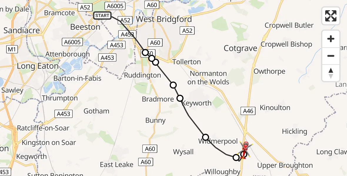 Flight route map: Air Ambulance Helicopter to Nottingham Heliport, Nottingham Heliport