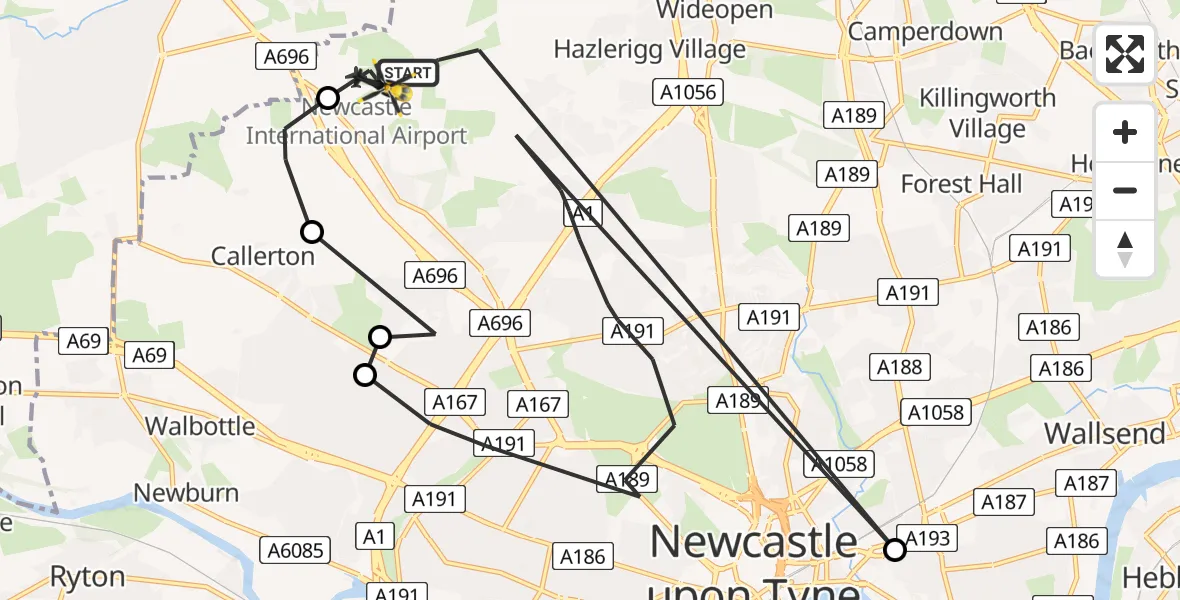 Routekaart van de vlucht: Police Helicopter to Newcastle International Airport, Newcastle International Airport