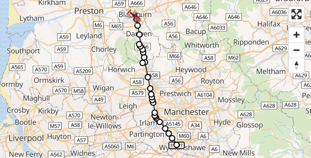 Routekaart van de vlucht: Air Ambulance Helicopter to Blackburn, Chapel Street