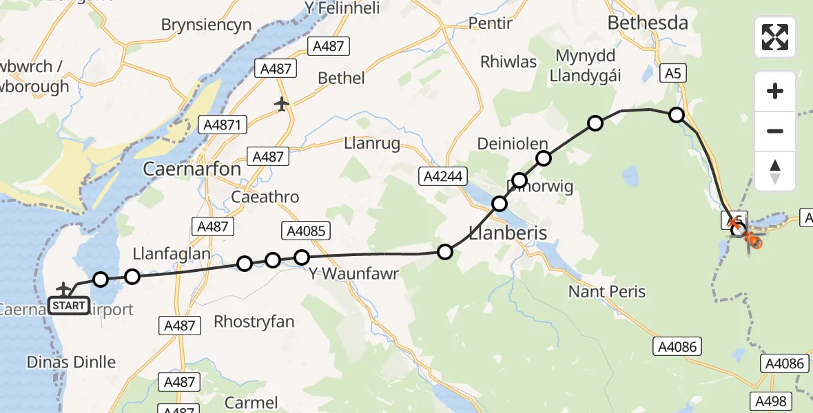 Routekaart van de vlucht: Coastguard Helicopter to Capel Curig, A5