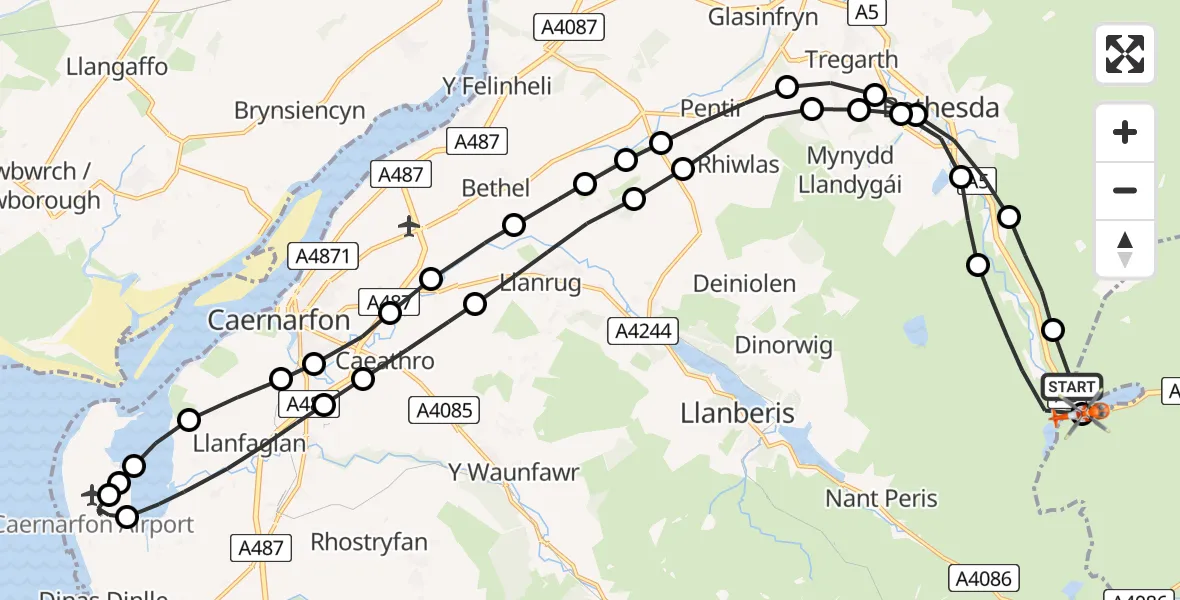 Routekaart van de vlucht: Coastguard Helicopter to Capel Curig, A5