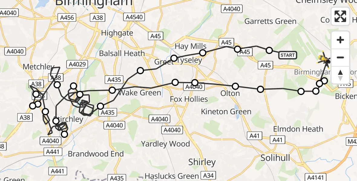 Flight route map: Police Helicopter to Birmingham Airport, Birmingham Airport