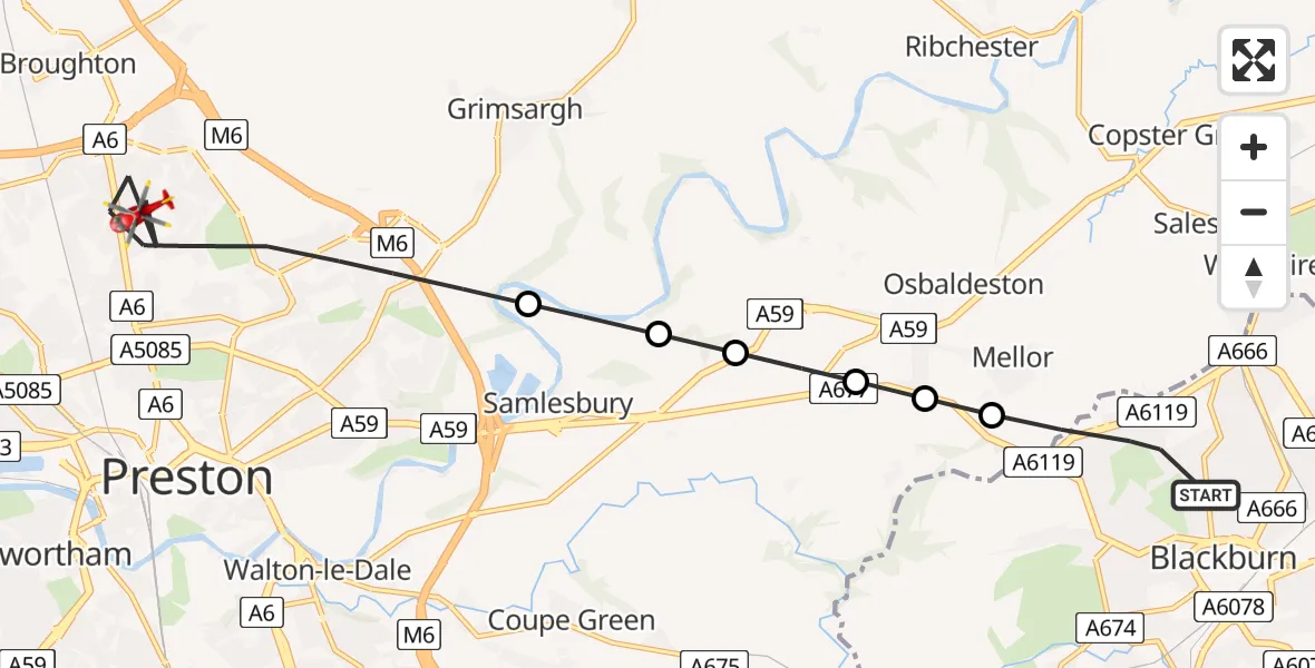 Flight route map: Air Ambulance Helicopter to Preston, Sharoe Green Lane