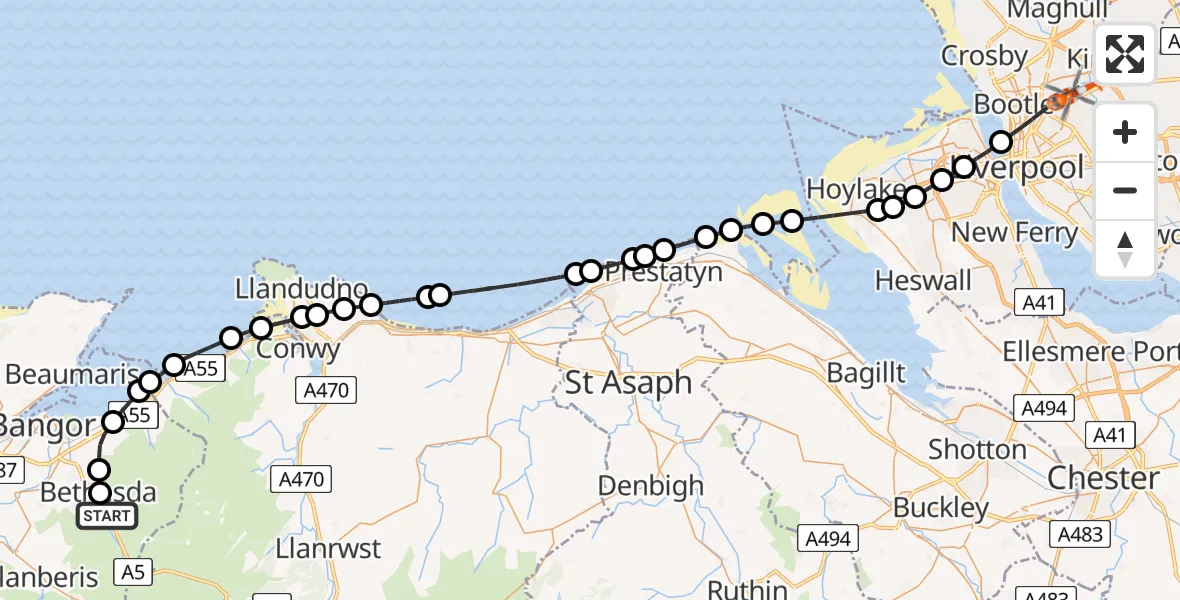 Flight route map: Coastguard Helicopter to Liverpool, Lower Lane