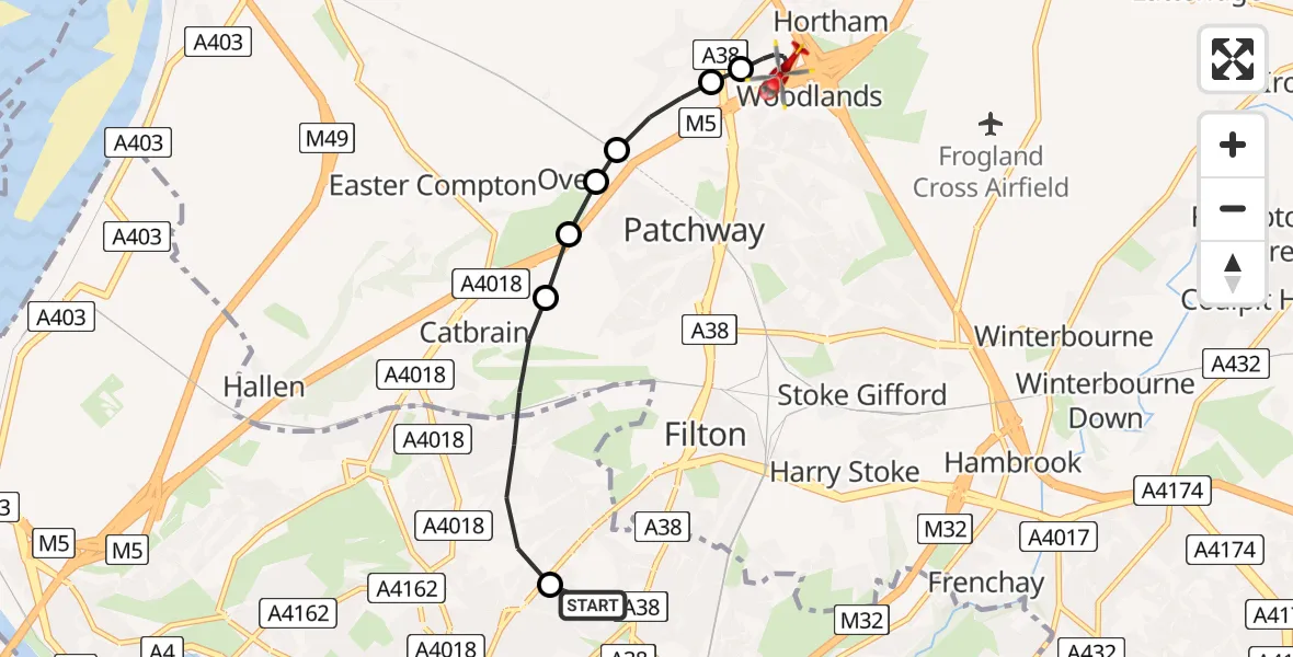 Flight route map: Air Ambulance Helicopter to Almondsbury Helicopter Base, Almondsbury Helicopter Base