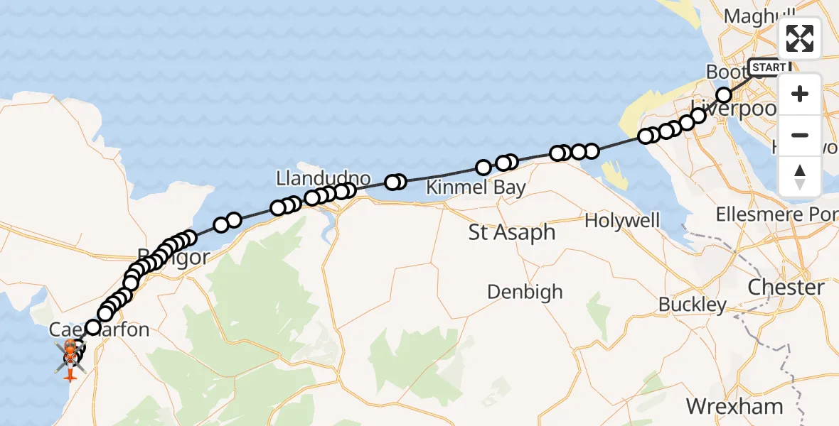 Flight route map: Coastguard Helicopter to Caernarfon Airport, Caernarfon Airport
