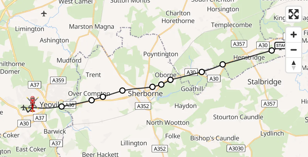 Routekaart van de vlucht: Air Ambulance Helicopter to Yeovil, Westbourne Grove
