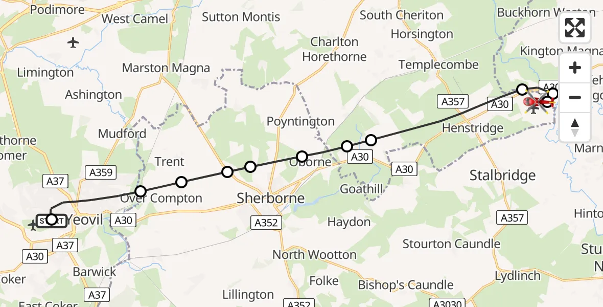 Routekaart van de vlucht: Air Ambulance Helicopter to Henstridge, Henstridge Airfield