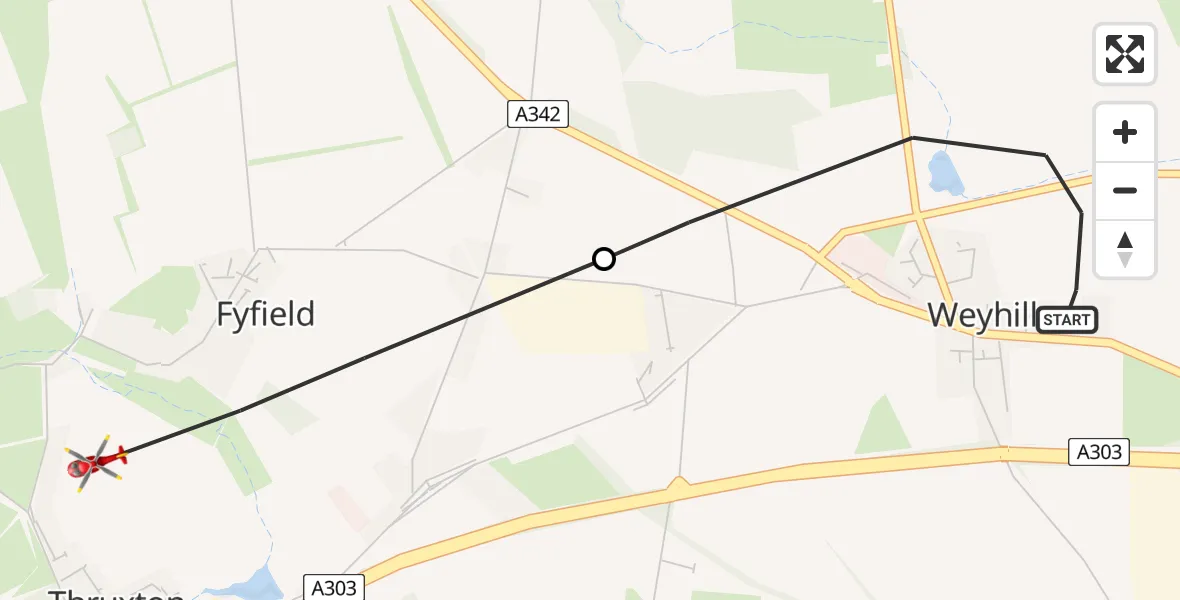 Flight route map: Air Ambulance Helicopter to Thruxton, Stanbury Road