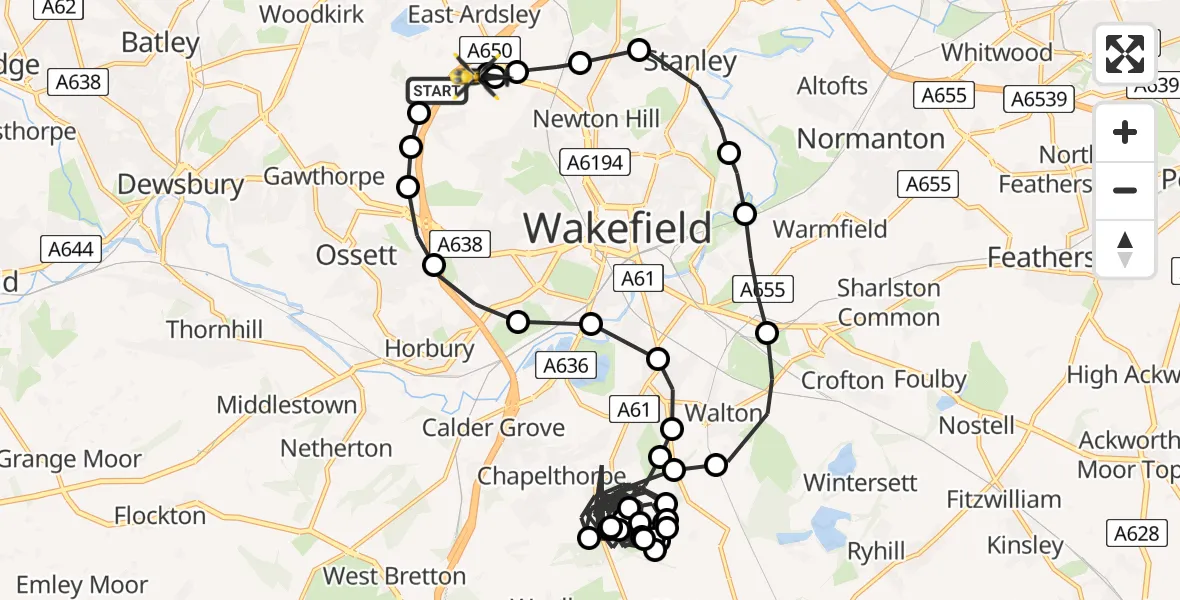 Flight path map showing Police Helicopter route from East Ardsley to East Ardsley