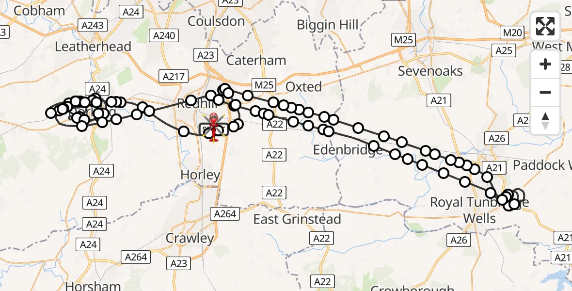 Flight route map: Air Ambulance Helicopter to Redhill Aerodrome, Redhill Aerodrome