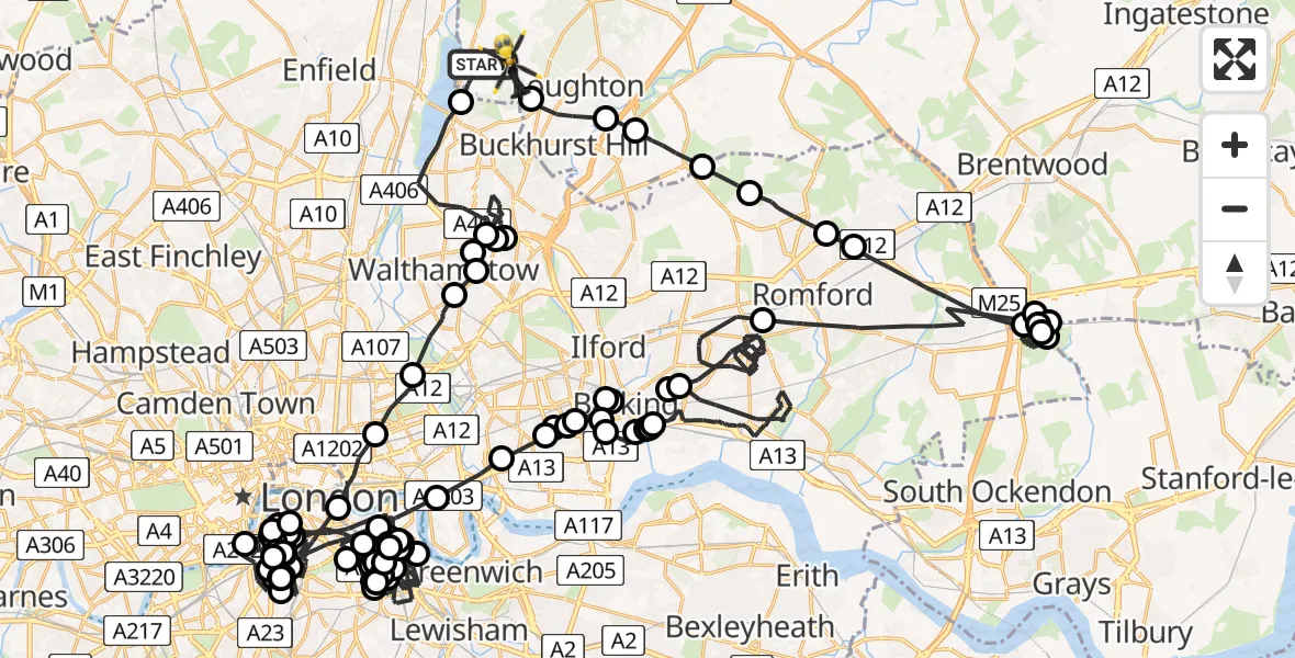 Flight route map: Police Helicopter to Metropolitan Police Air Support Unit Lippitts Hill, Metropolitan Police Air Support Unit Lippitts Hill