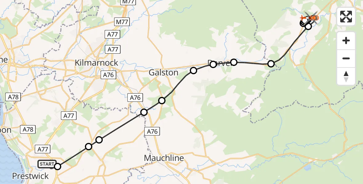 Flight route map: Coastguard Helicopter to Caldermill, A71