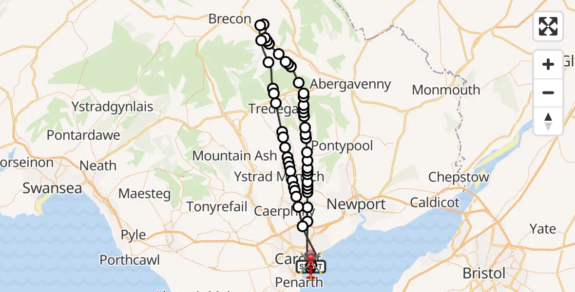 Flight route map: Air Ambulance Helicopter to Cardiff Heliport, Cardiff Heliport