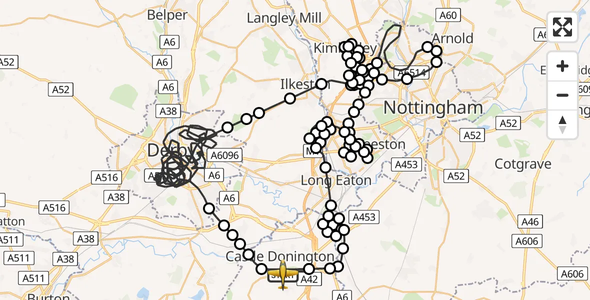 Flight route map: Police Aircraft to East Midlands Airport, East Midlands Airport