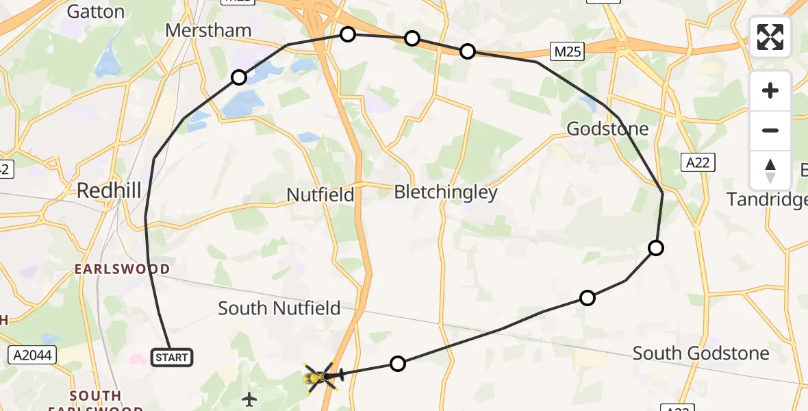 Flight route map: Police Helicopter to South Nutfield, M23
