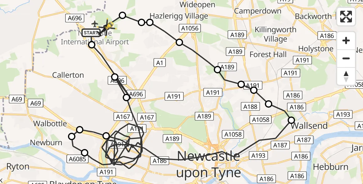 Flight route map: Police Helicopter to Newcastle International Airport, Newcastle International Airport