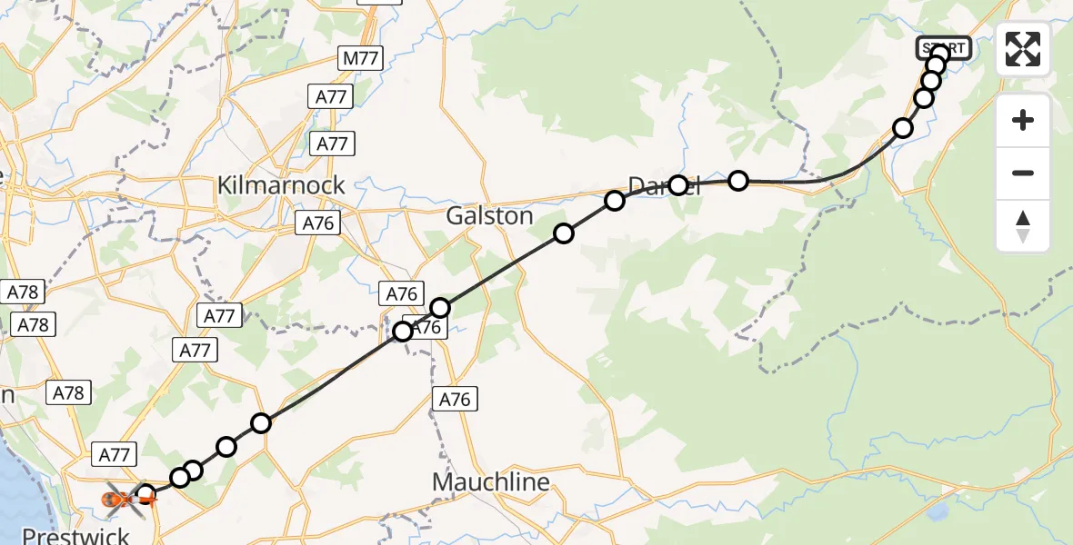 Flight route map: Coastguard Helicopter to Glasgow Prestwick Airport, Glasgow Prestwick Airport