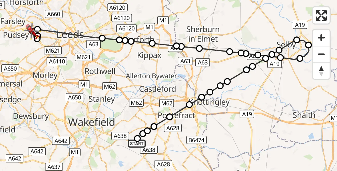 Flight route map: Air Ambulance Helicopter to Pudsey, Gamble Hill Walk