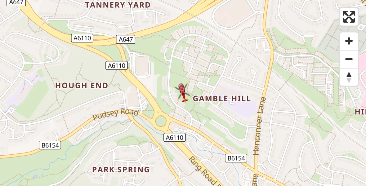 Flight route map: Air Ambulance Helicopter to Pudsey, Gamble Hill Drive