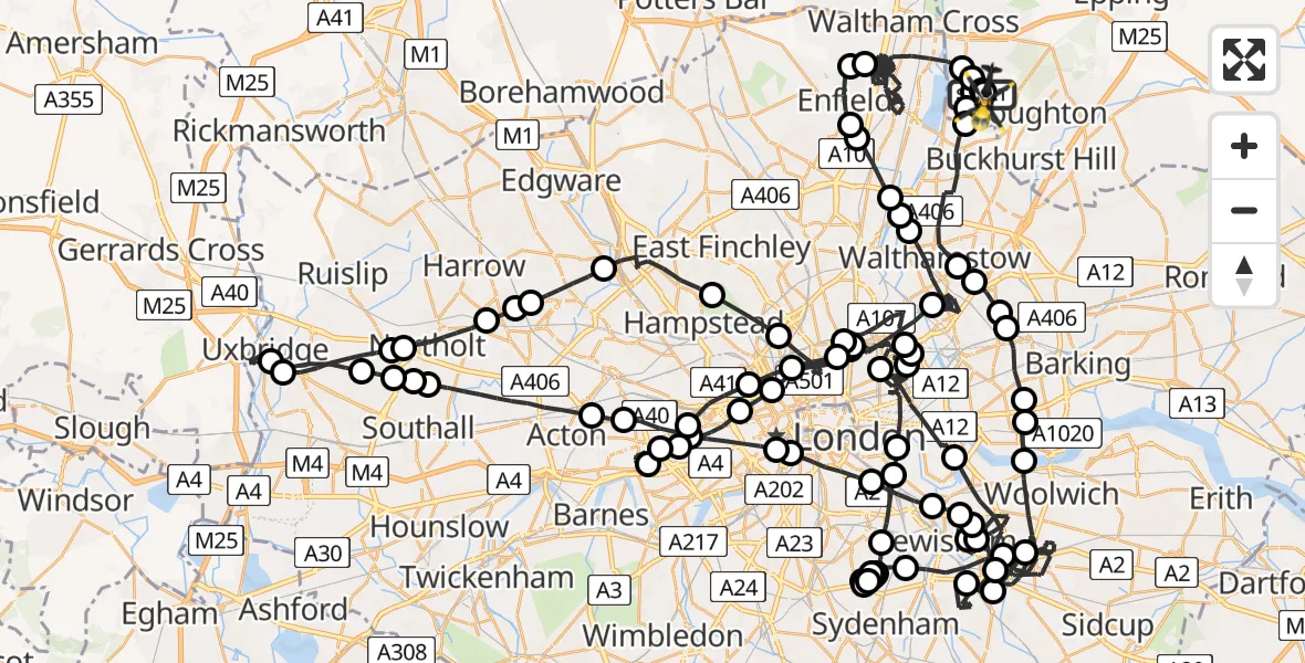 Flight route map: Police Helicopter to Metropolitan Police Air Support Unit Lippitts Hill, Metropolitan Police Air Support Unit Lippitts Hill