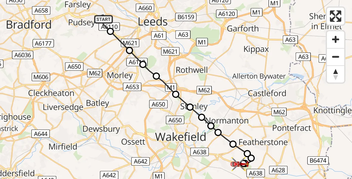 Routekaart van de vlucht: Air Ambulance Helicopter to YAA Nostell Helicopter Port, YAA Nostell Helicopter Port