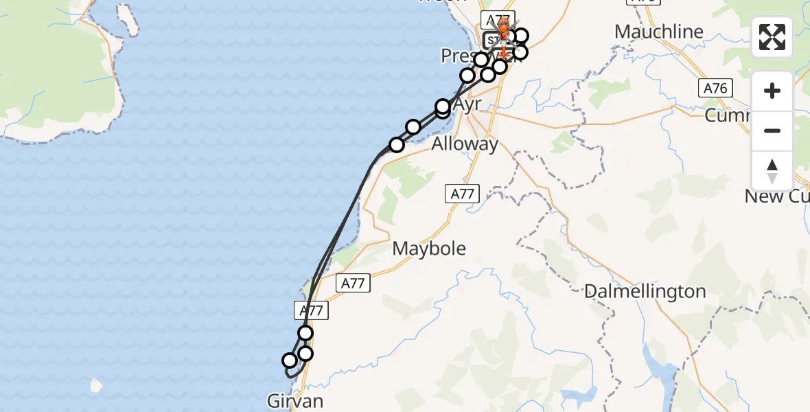 Flight route map: Coastguard Helicopter to Glasgow Prestwick Airport, Glasgow Prestwick Airport