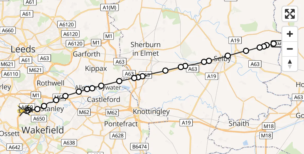 Routekaart van de vlucht: Police Helicopter to East Ardsley, Stoney Lane