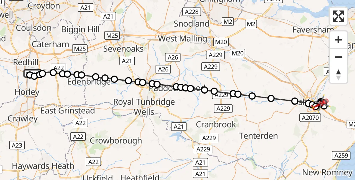 Flight route map: Air Ambulance Helicopter to Sevington, Kennington Road