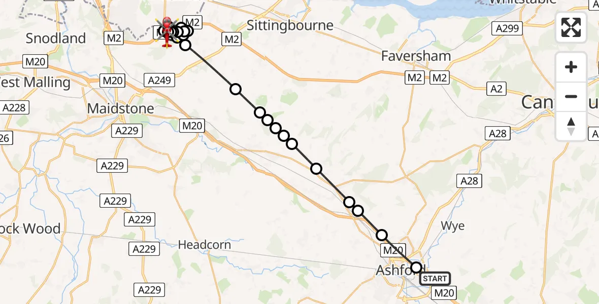 Flight route map: Air Ambulance Helicopter to Bredhurst, Kemsley Street Road