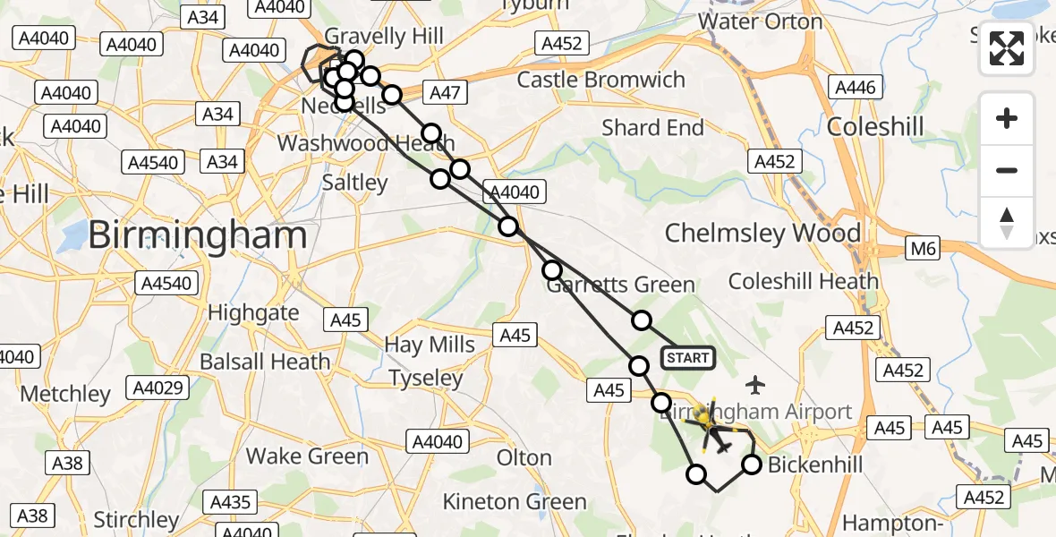 Flight route map: Police Helicopter to Solihull, Damson Parkway