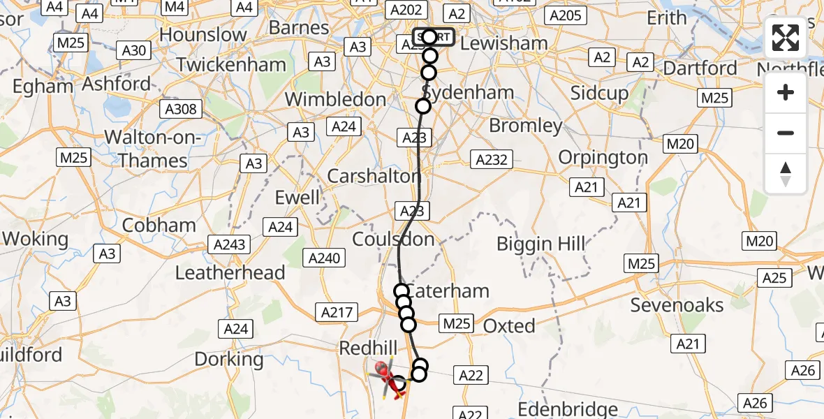 Flight route map: Air Ambulance Helicopter to Redhill Aerodrome, Redhill Aerodrome