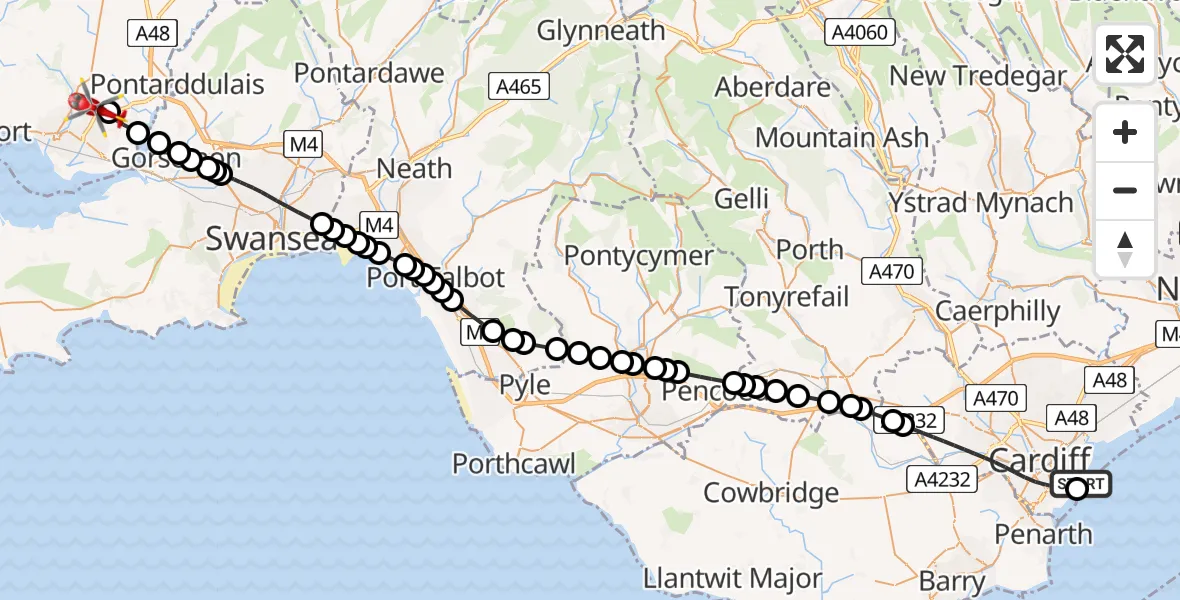 Routekaart van de vlucht: Air Ambulance Helicopter to Dafen, Heol Aur