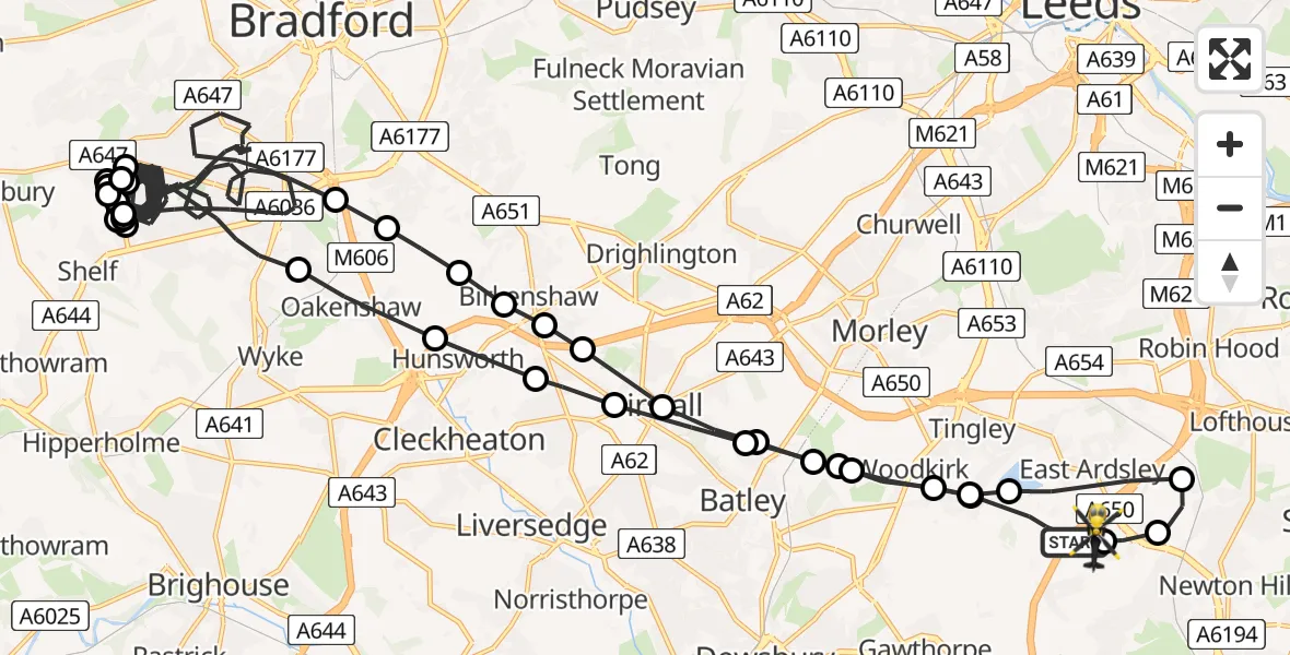 Flight path map showing Police Helicopter route from East Ardsley to East Ardsley