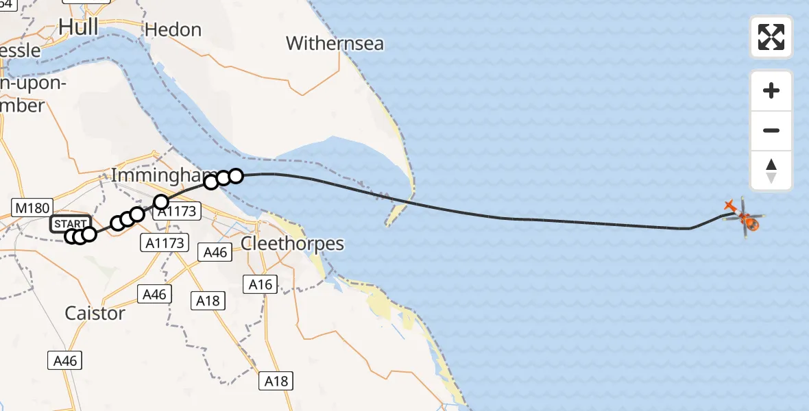 Flight route map: Coastguard Helicopter to North Sea, North Sea