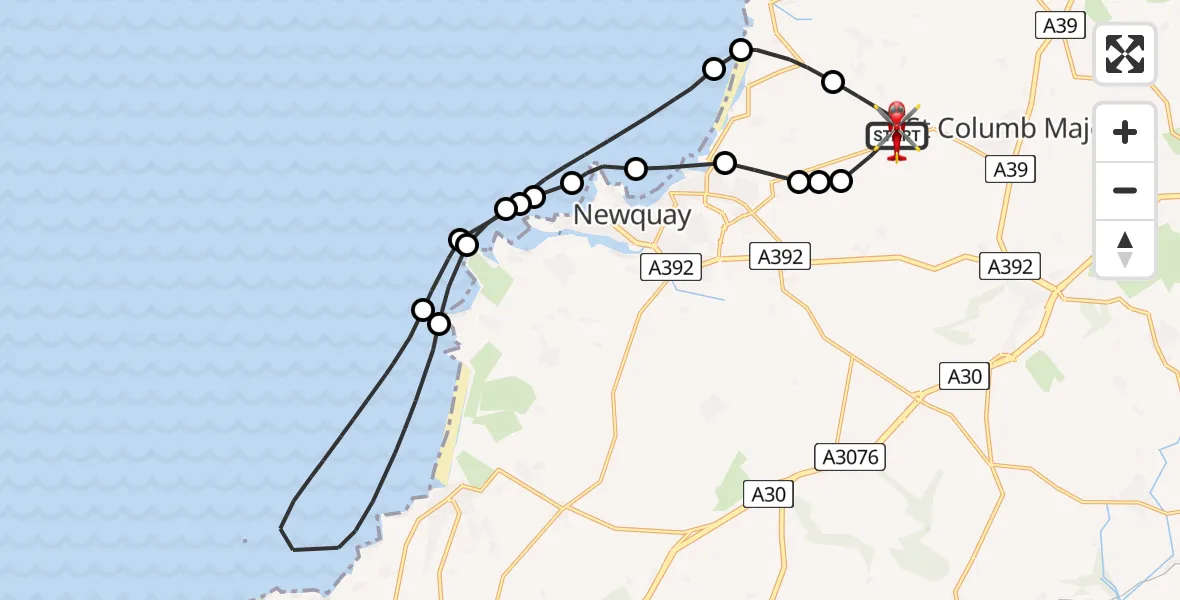 Flight route map: Air Ambulance Helicopter to Cornwall Airport Newquay, Cornwall Airport Newquay