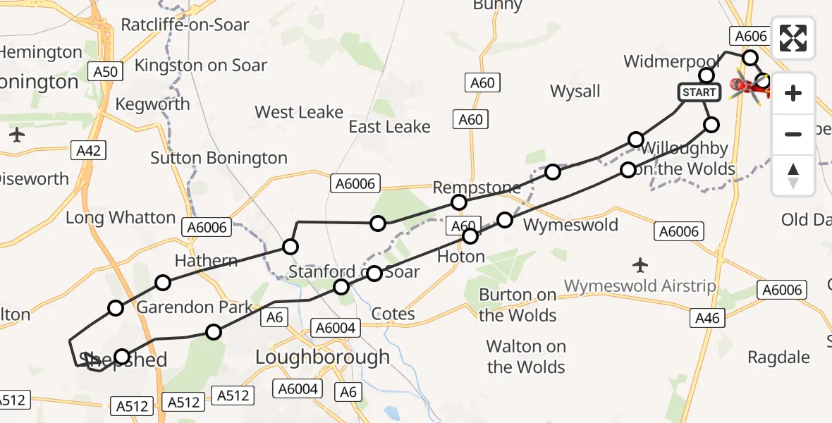 Flight route map: Air Ambulance Helicopter to Nottingham Heliport, Nottingham Heliport