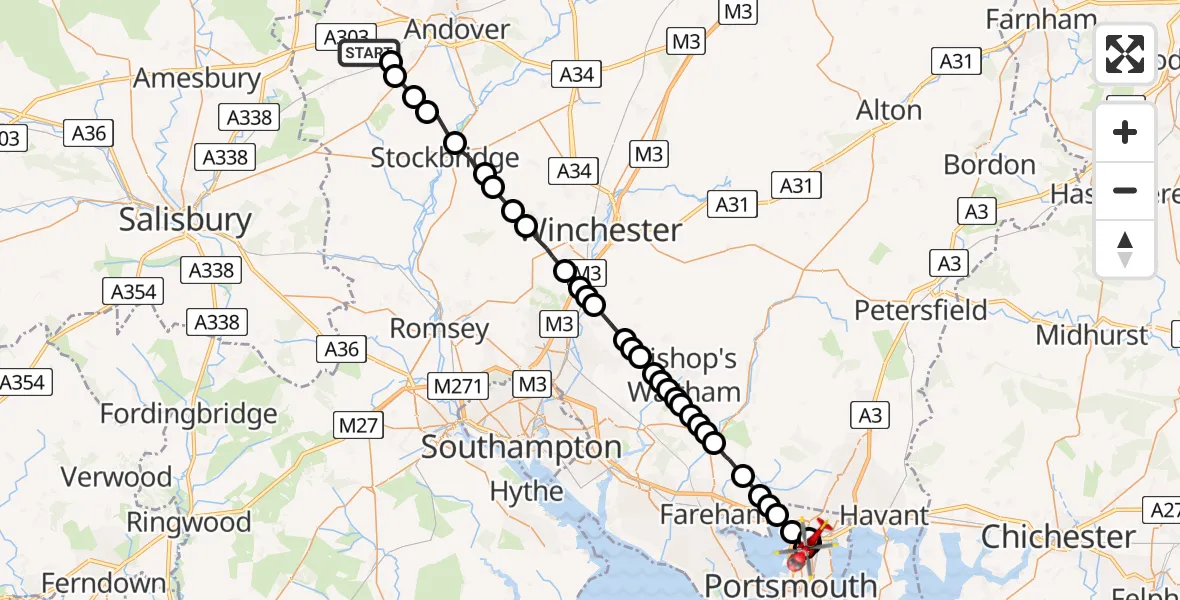 Flight route map: Air Ambulance Helicopter to Portsmouth, Parsons Close