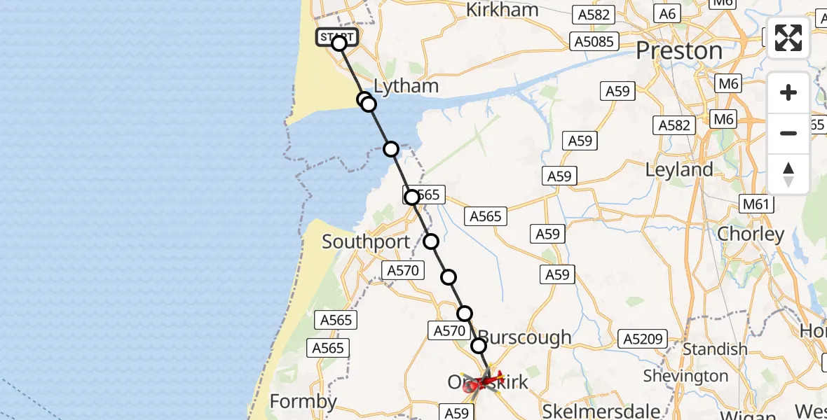 Flight route map: Air Ambulance Helicopter to Ormskirk, Park Road