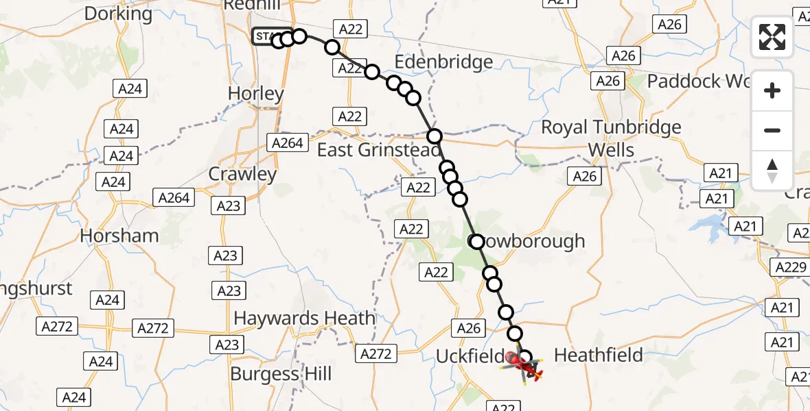 Flight route map: Air Ambulance Helicopter to Blackboys, Stonebridge Lane
