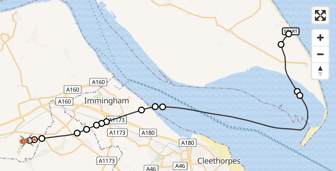 Flight route map: Coastguard Helicopter to Humberside Airport, Humberside Airport
