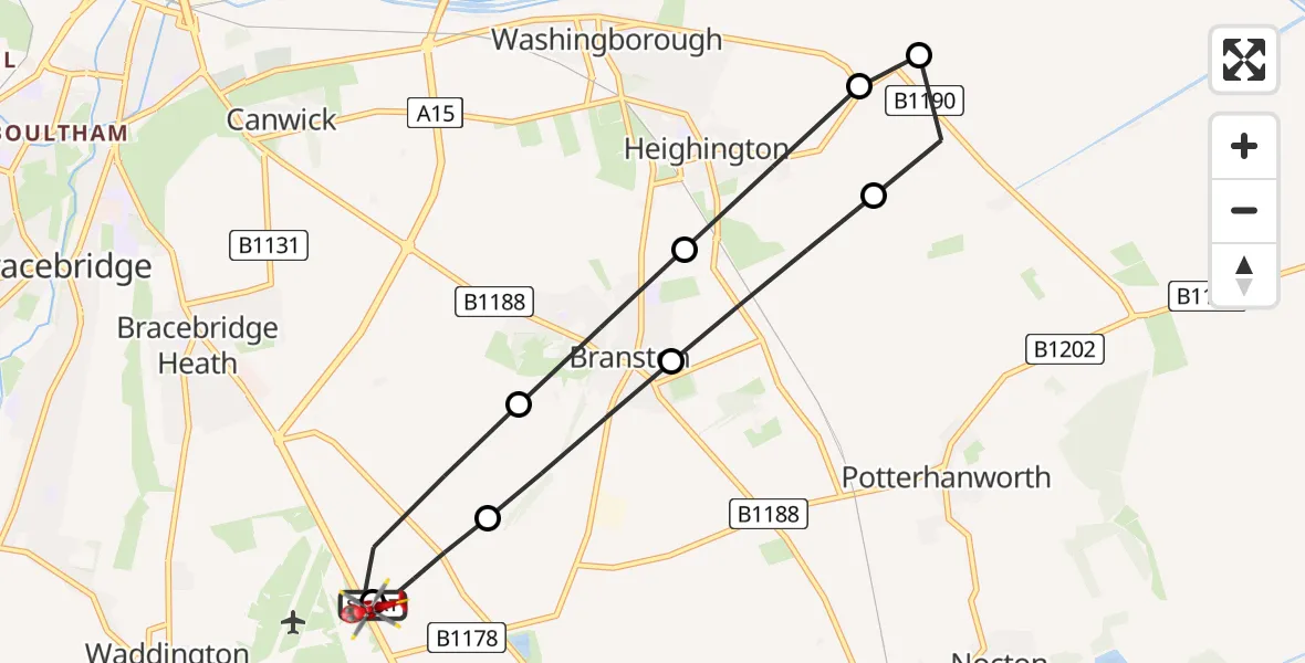 Routekaart van de vlucht: Air Ambulance Helicopter to North Kesteven, Sleaford Road