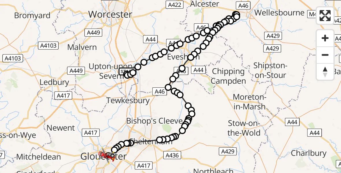 Flight route map: Air Ambulance Helicopter to Gloucester, Great Western Road