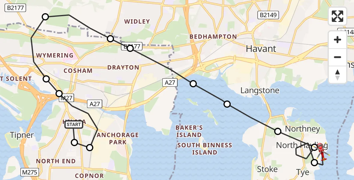 Routekaart van de vlucht: Air Ambulance Helicopter to North Hayling, St Peter's Avenue