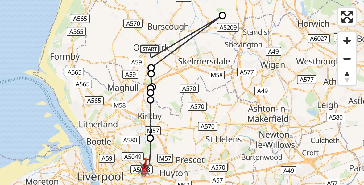 Routekaart van de vlucht: Air Ambulance Helicopter to Liverpool, South Drive