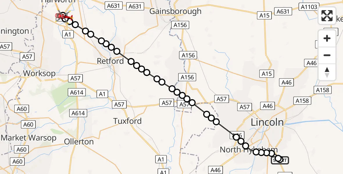 Flight route map: Air Ambulance Helicopter to Blyth, Bawtry Road